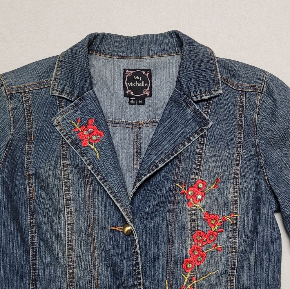 90s Vintage My Michelle Mid-Wash Blue Stretch Denim Red Floral Embroidery Jacket - Picture 3 of 10